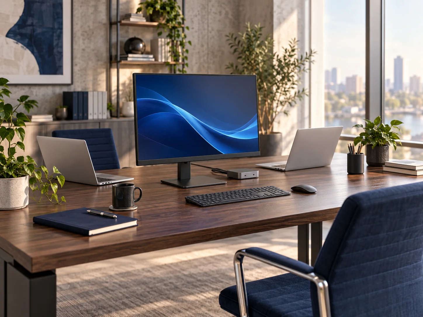 Illustrative shared workspace with computers and everyday essentials