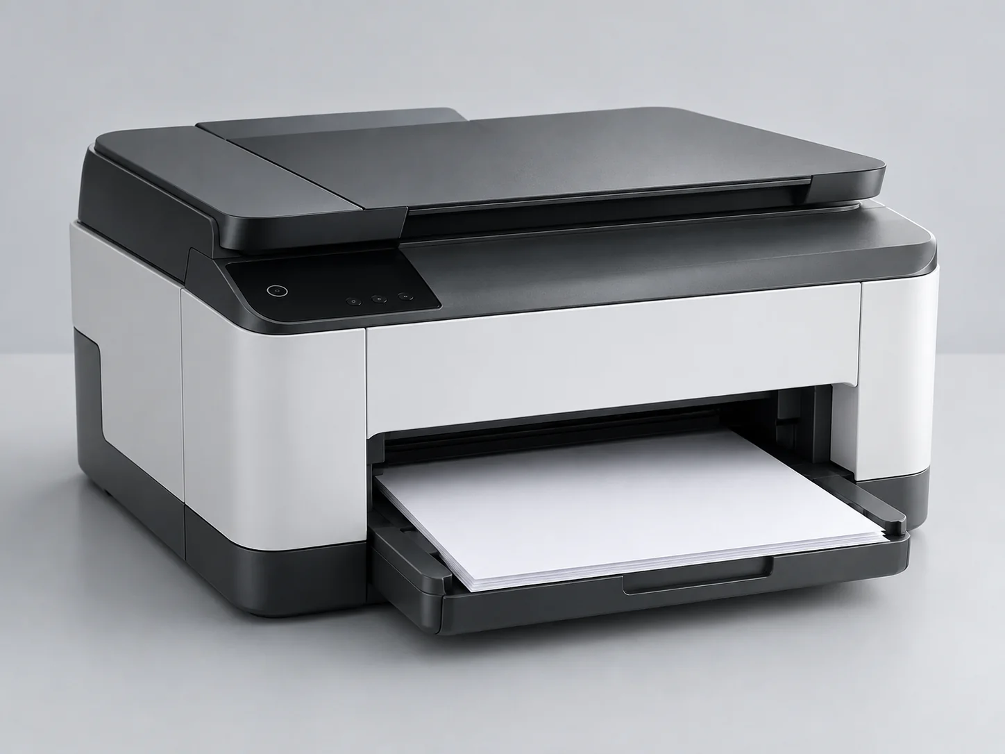 Printer equipment shown in an editorial workspace scene.